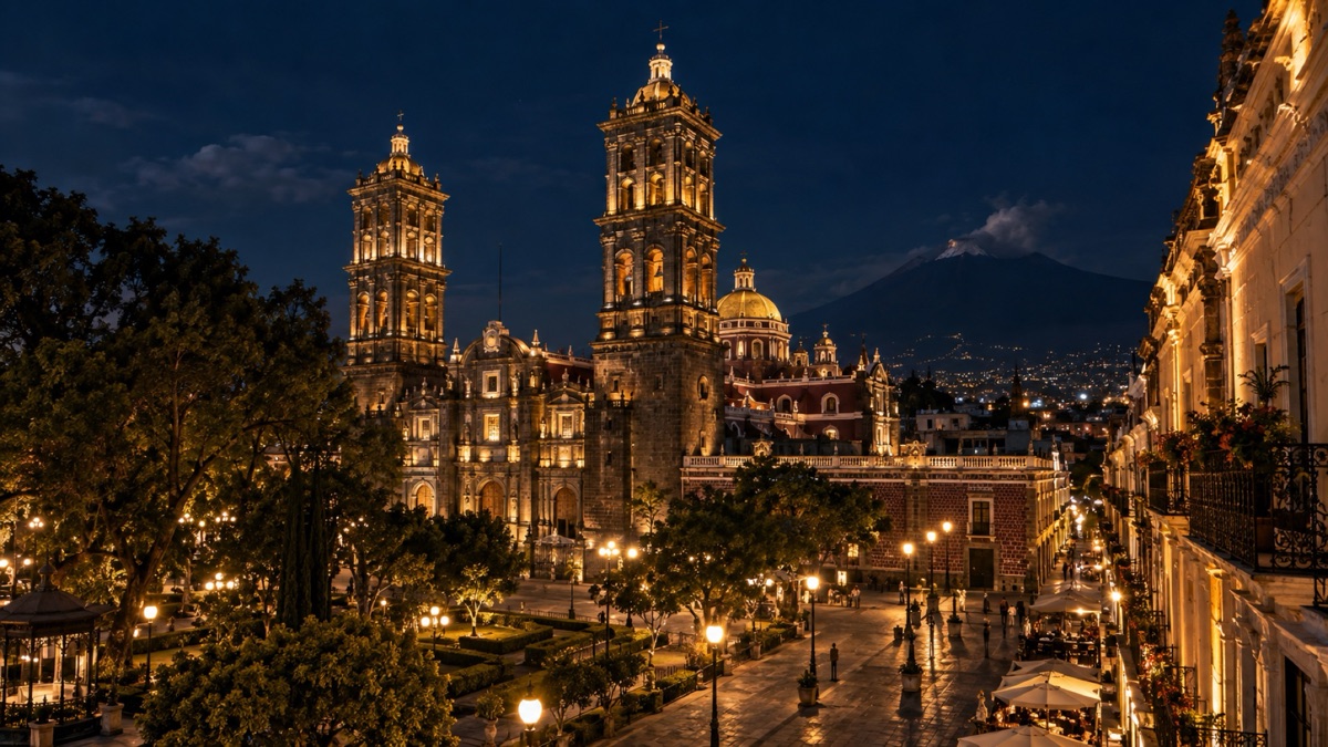 Vista nocturna de Puebla