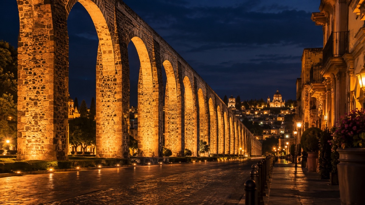 Acueducto de Querétaro por la noche